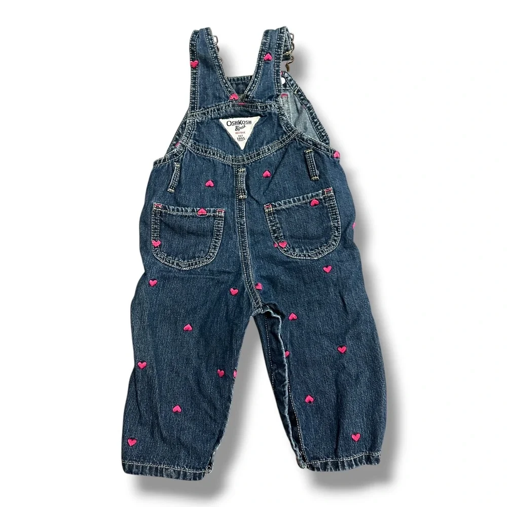 OshKosh B'Gosh Embroidered Vestbak Bib Overalls Cotton Dark Wash Hearts 9 Mos